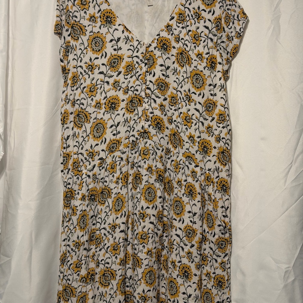 Garnet Hill White Midi Dress with Mustard Yellow Floral Print
